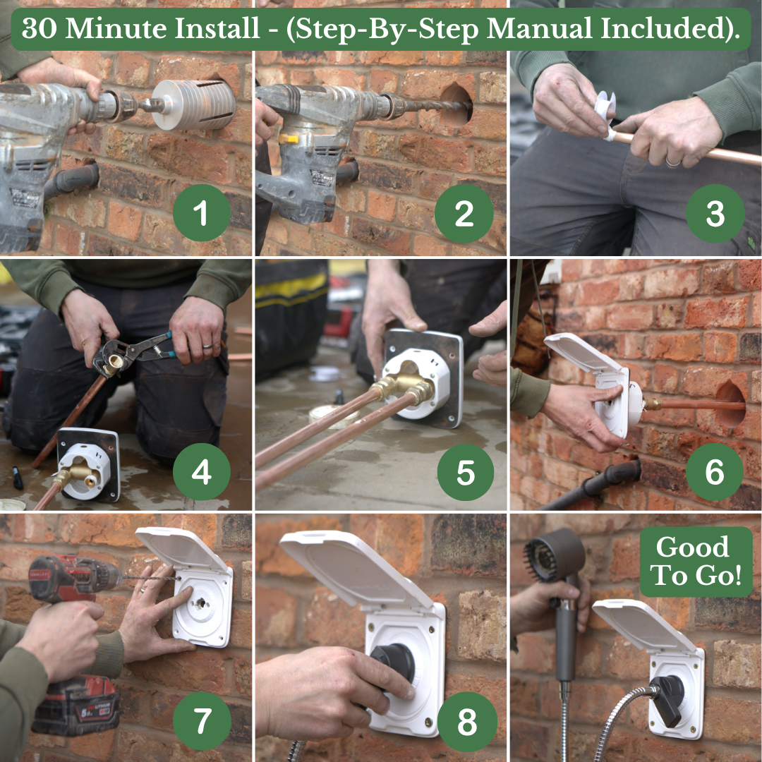 An outdoor shower set up at home being used to rinse off